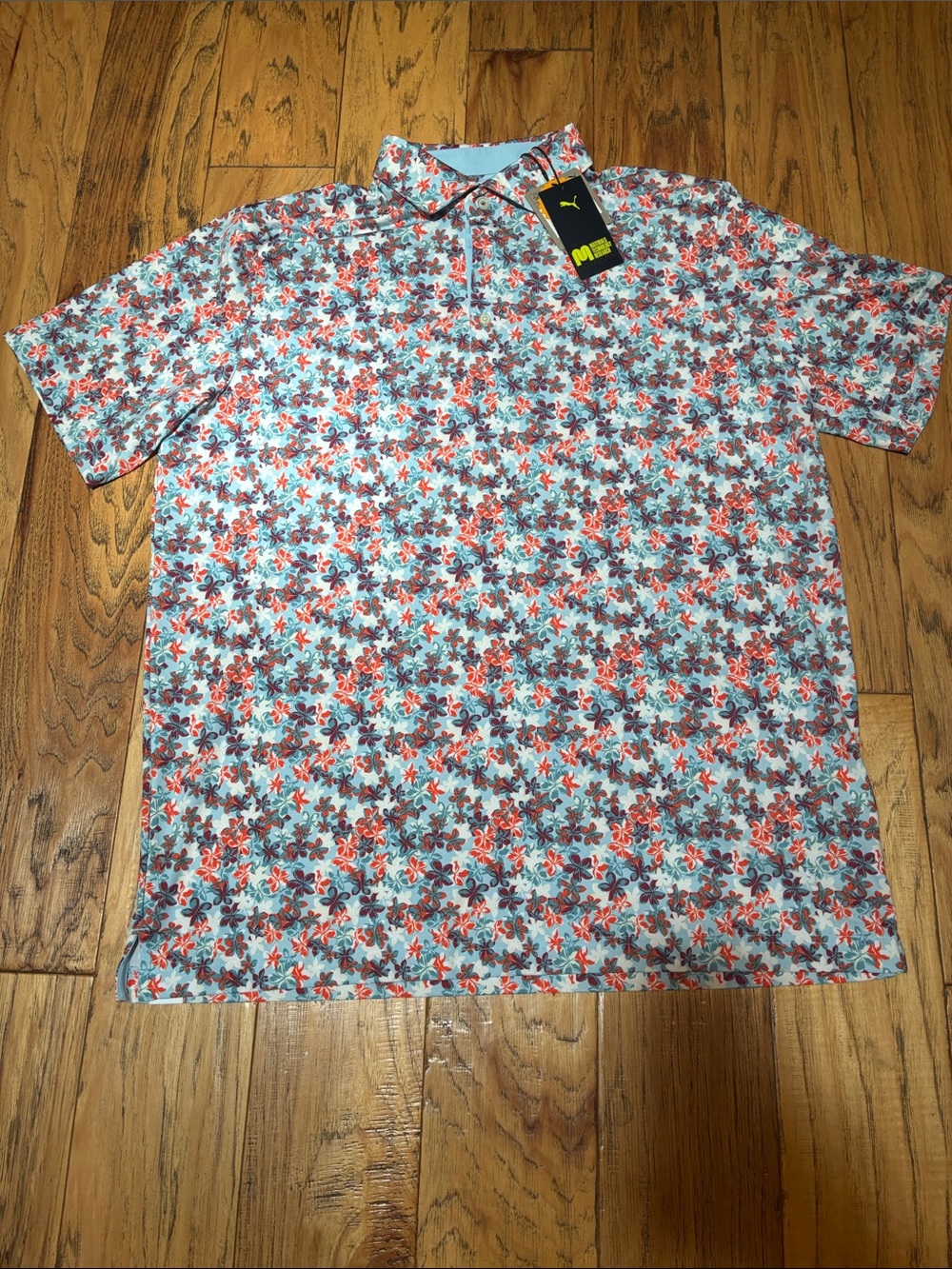PUMA Men’s Light Blue Polo with Red Floral Print - size large